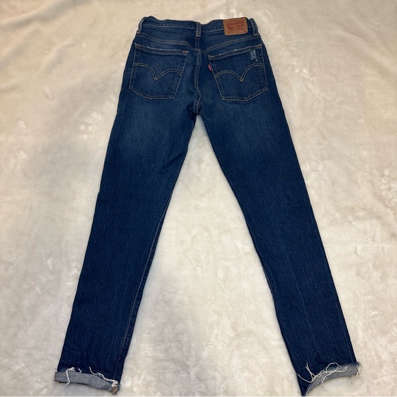 Levi's 501 Original Fit High Waist Distressed Raw Hem Dark Denim Jeans Size 25 - Picture 3 of 16